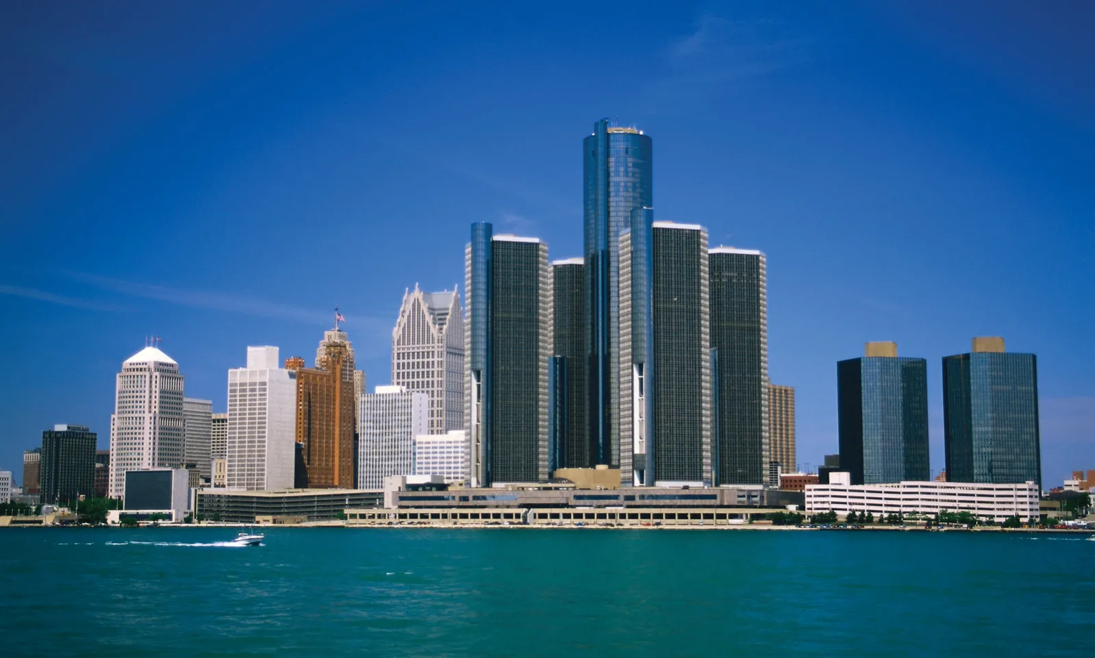 Landscape of Detroit. General Motors buildings and other smaller building around over the river